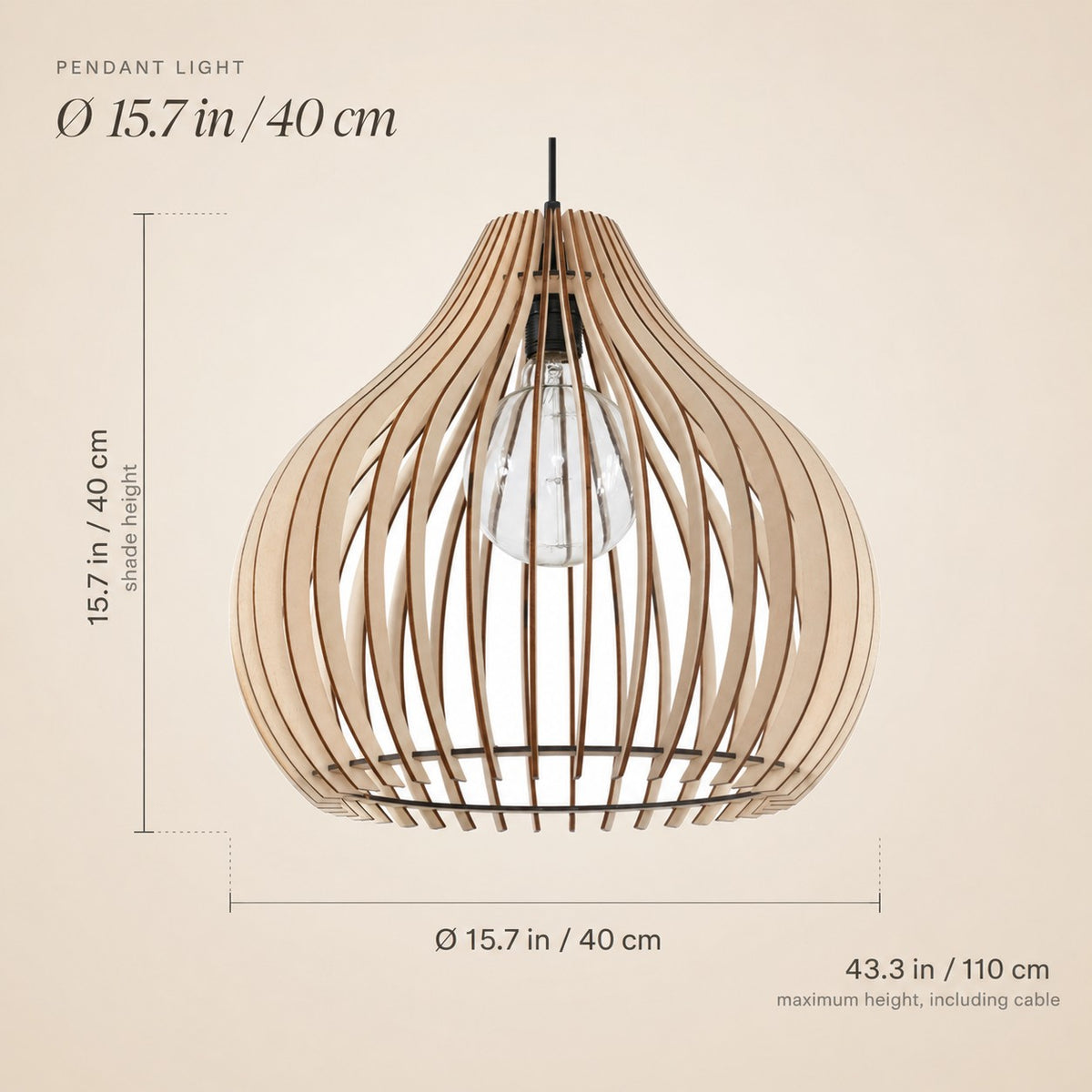 Suspension goutte en lamelles de bois de 40 cm