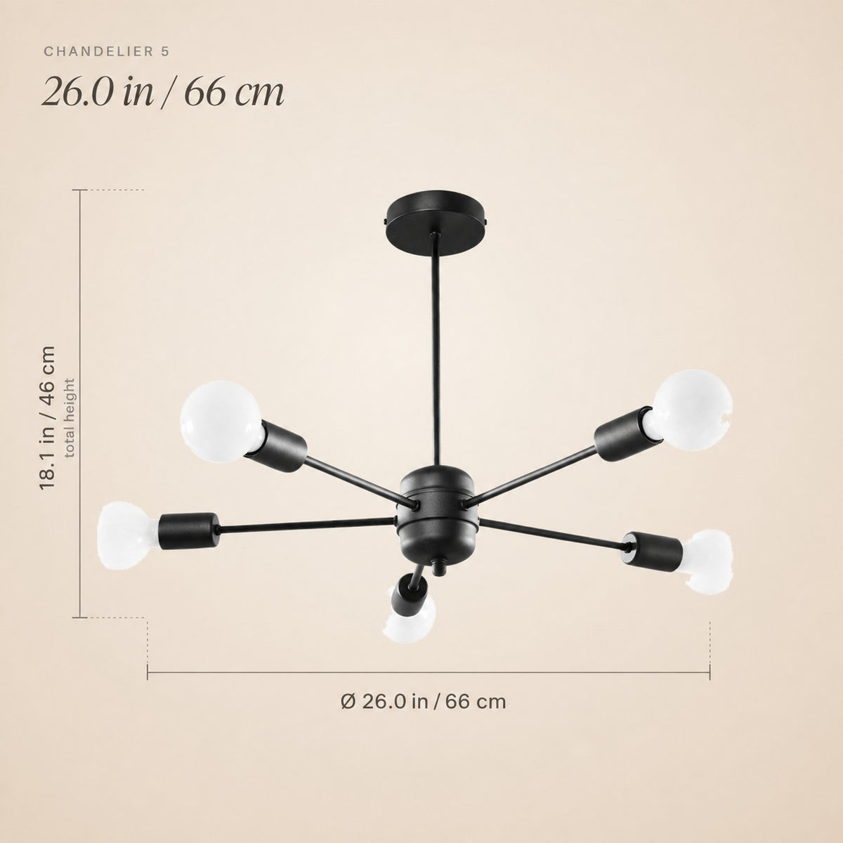 Lustre spoutnik 5 ampoules en métal noir de 66 cm