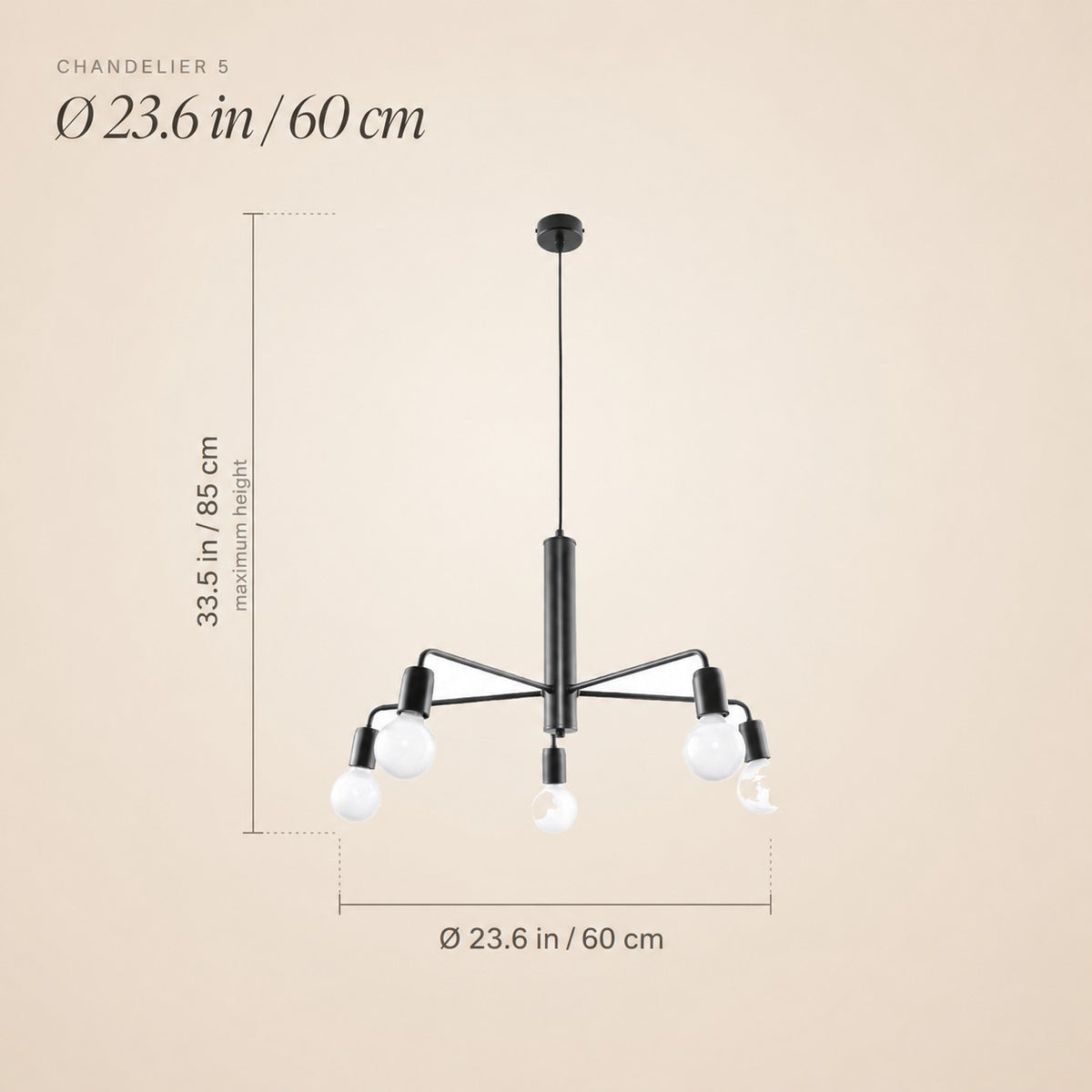 Lustre 5 ampoules sur tige en métal noir de 60 cm