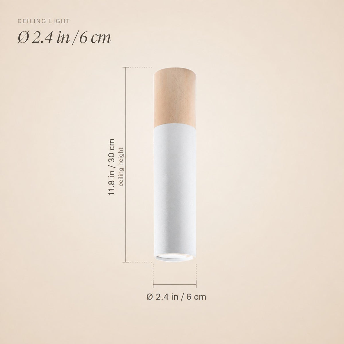 Plafonnier spot tube bois et métal de 30 cm, 2 coloris