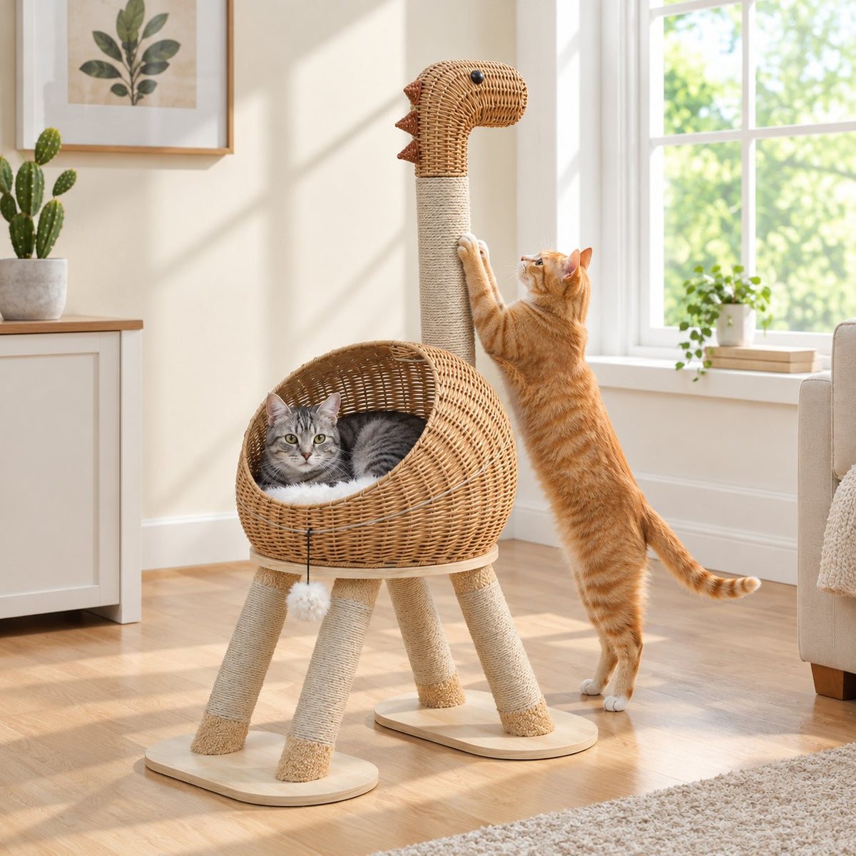 Cat curled in the wicker nest of a dinosaur cat tree while another cat scratches the sisal neck