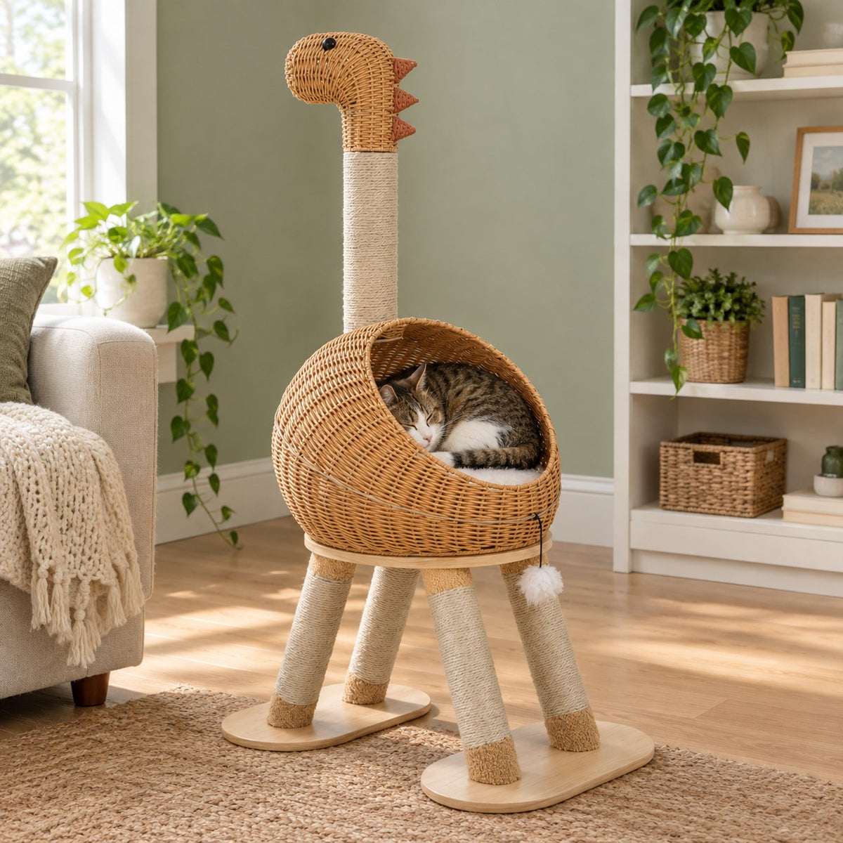 Dinosaur cat tree with woven wicker nest and sisal-wrapped legs in a living room
