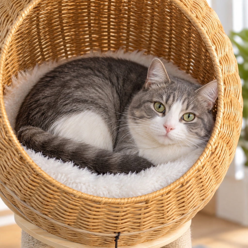 Cat lying on the plush cushion inside the woven wicker nest