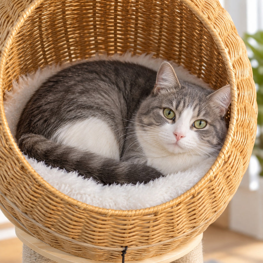 Cat lying on the plush cushion inside the woven wicker nest