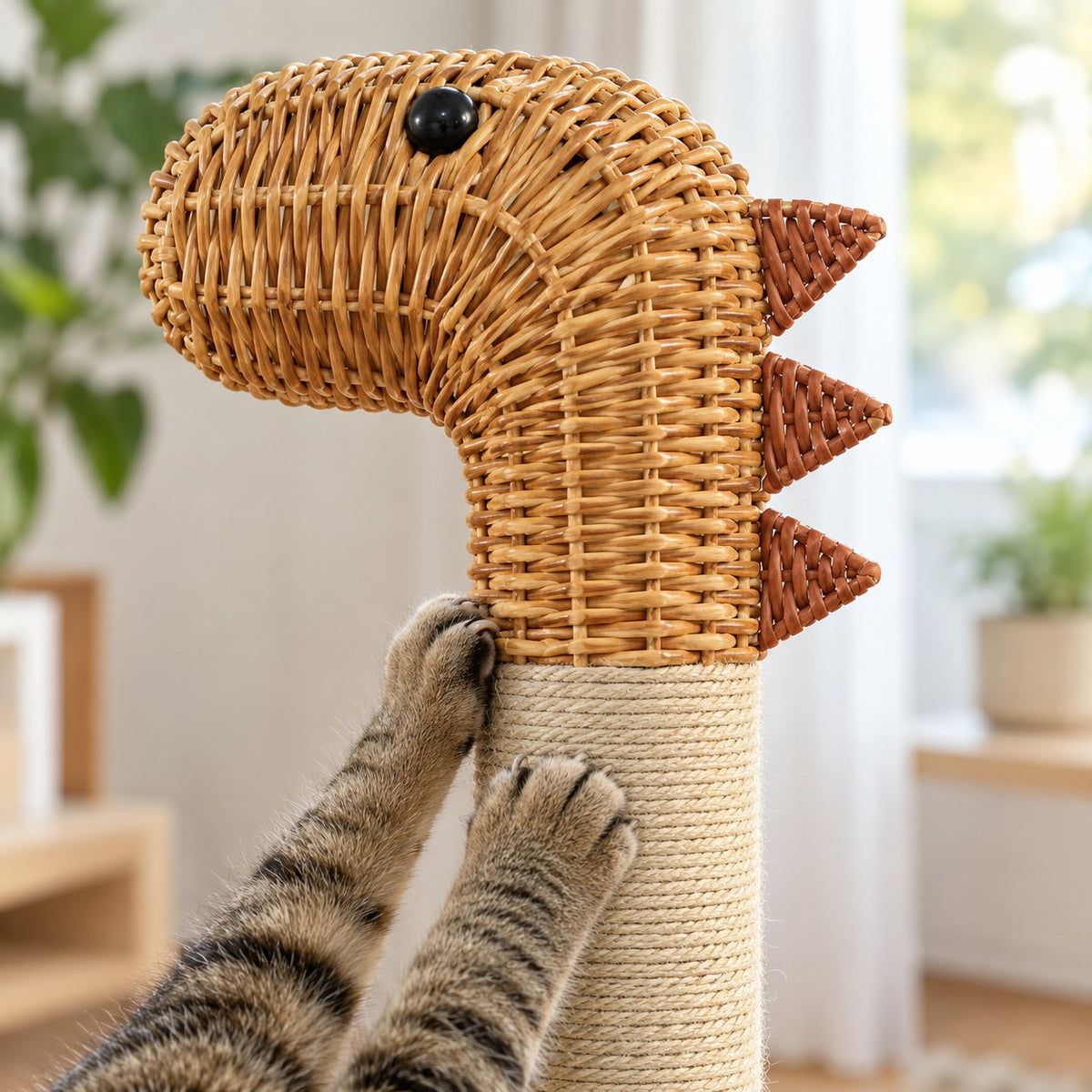 Woven wicker dinosaur head on the sisal-wrapped neck of the cat tree