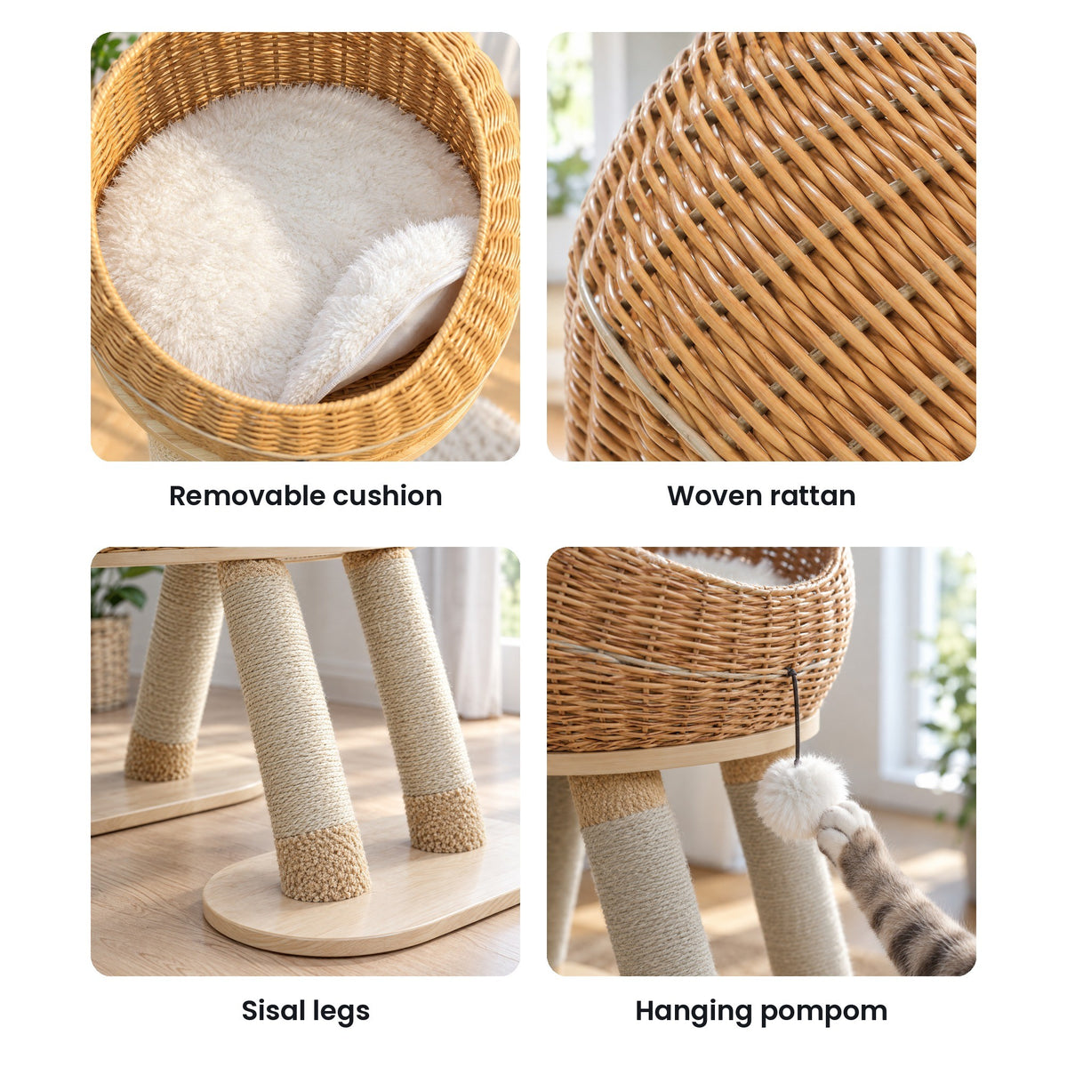 Dinosaur cat tree details: removable cushion, woven rattan, sisal legs, hanging pompom