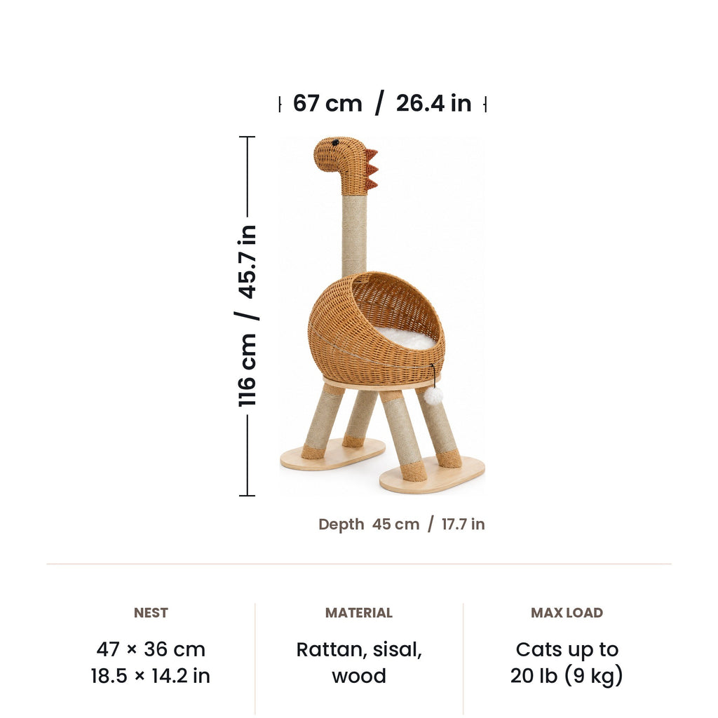 Dinosaur cat tree dimensions: 116 cm (46 in) high, 67 x 45 cm footprint