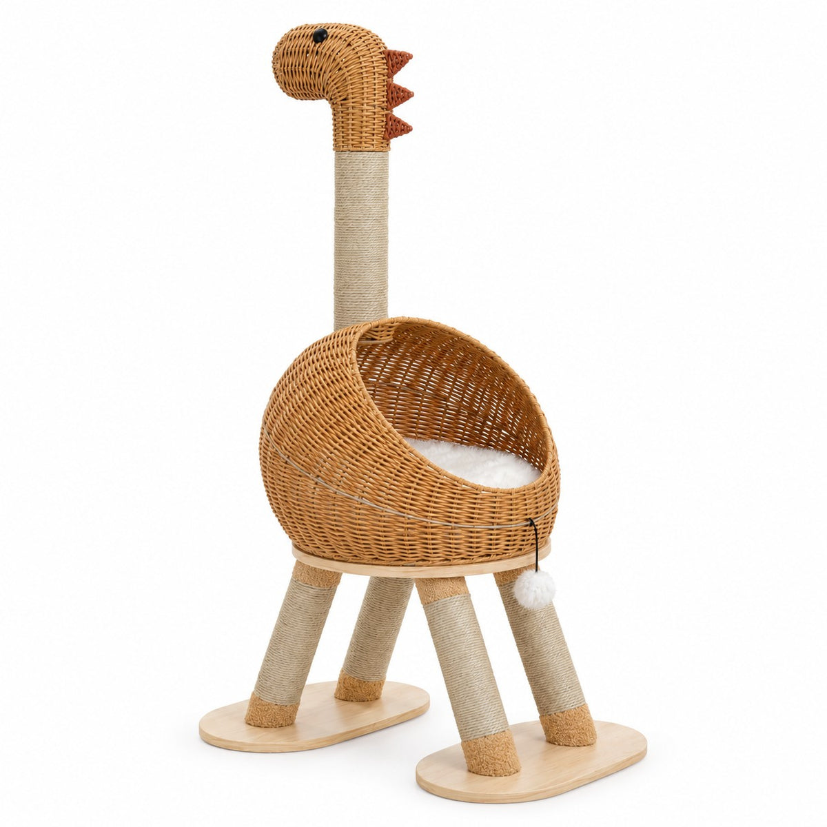 Dinosaur cat tree with wicker nest on white background