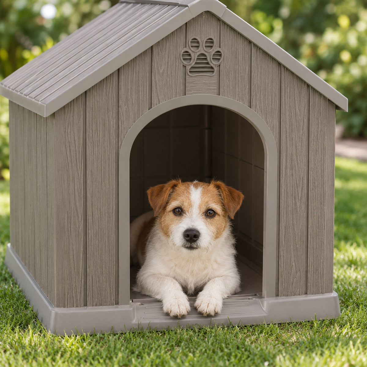 Dog looking out of the arched doorway of the plastic dog house