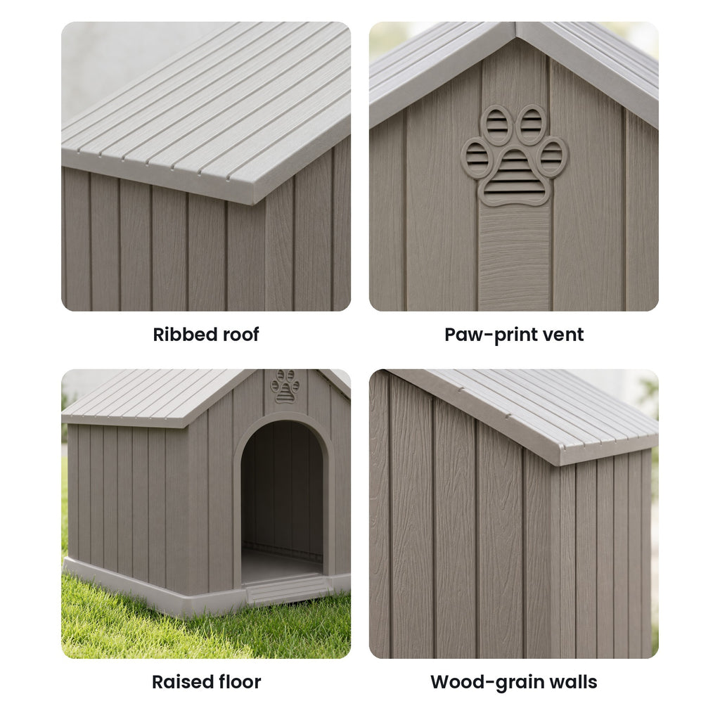 Dog house details: ribbed roof, paw-print vent, raised floor, wood-grain walls