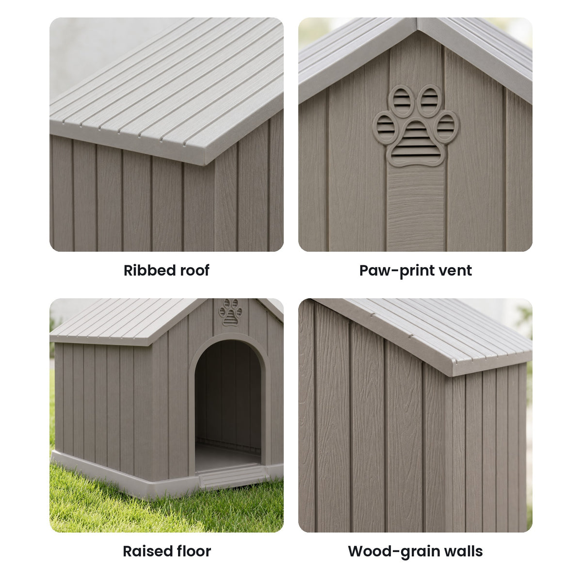 Dog house details: ribbed roof, paw-print vent, raised floor, wood-grain walls
