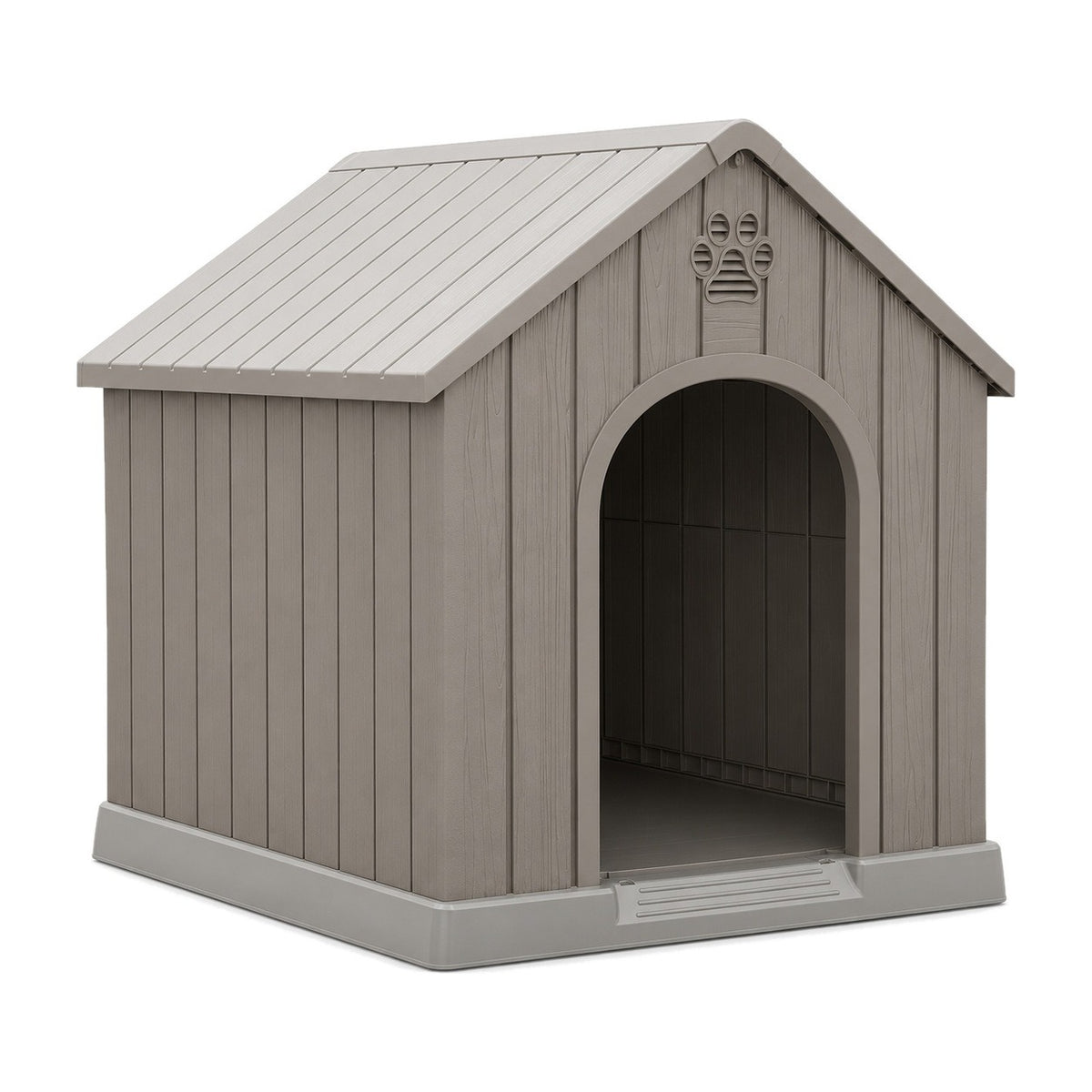 Gray plastic dog house for small dogs on a white background