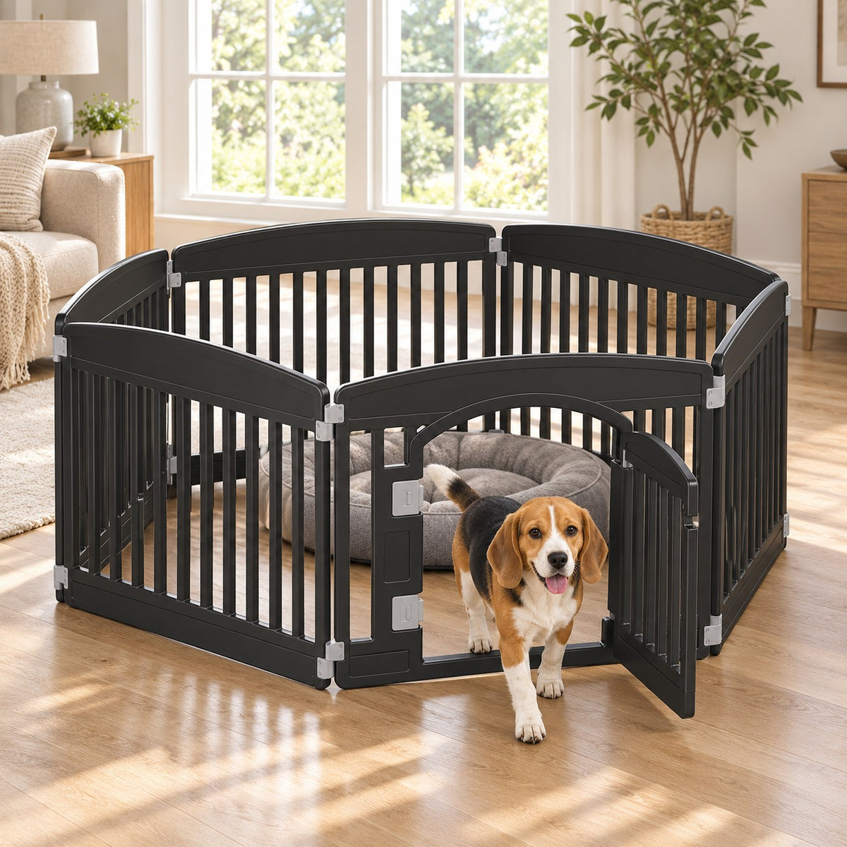 Dog stepping out of the door of a black 6-panel plastic dog playpen in a living room