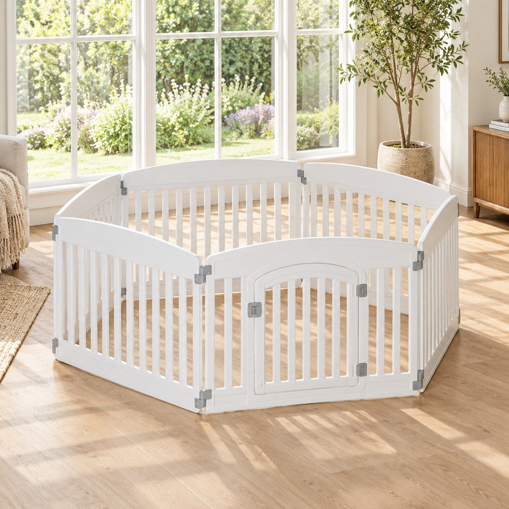 White 6-panel plastic dog playpen with door