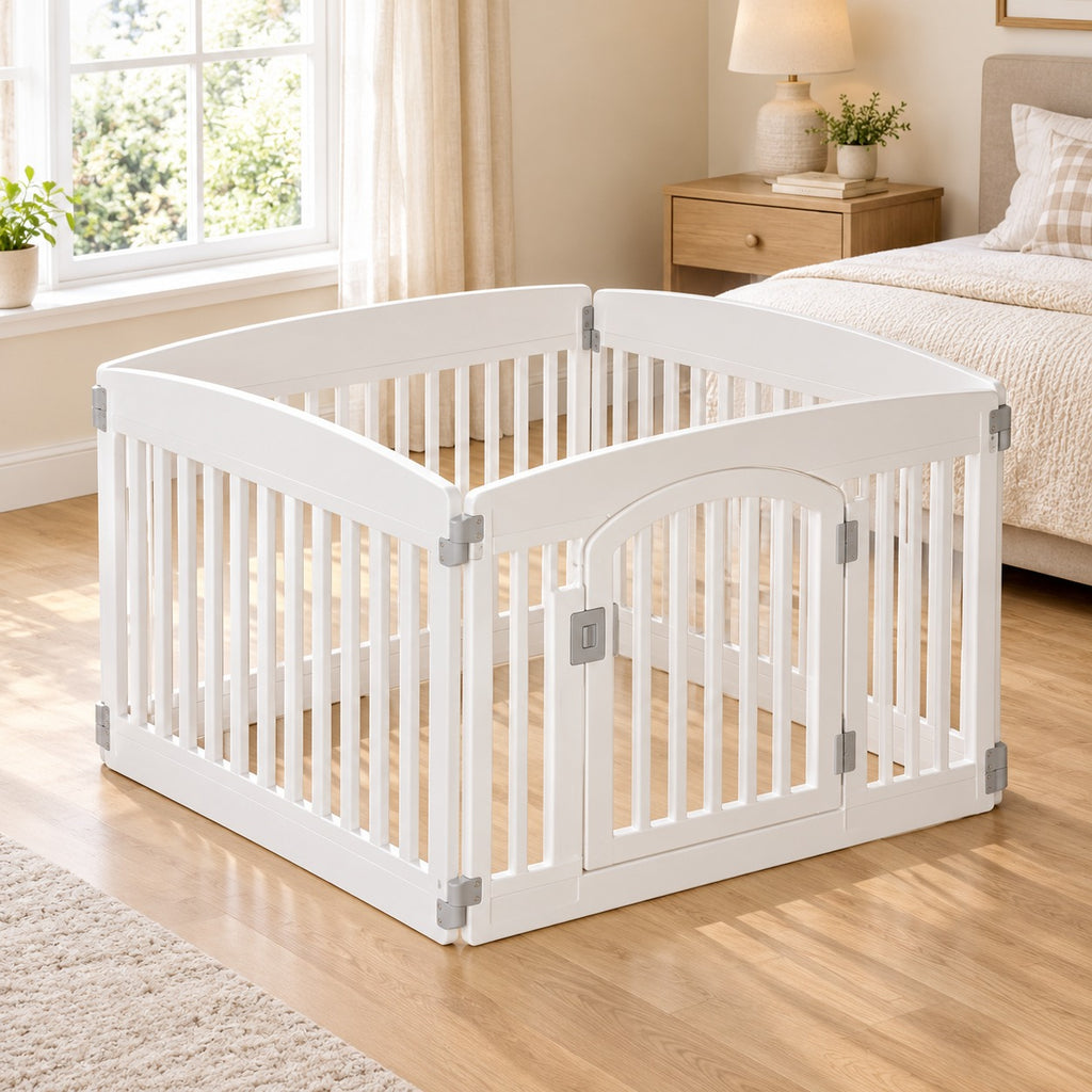 White 4-panel plastic dog playpen with door