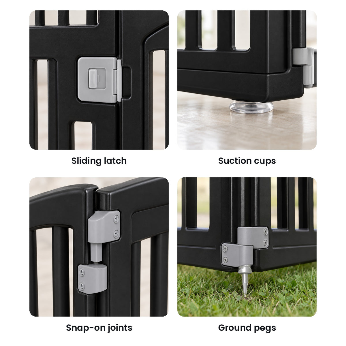 Dog playpen details: sliding door latch, suction cups, snap-on joints, ground pegs