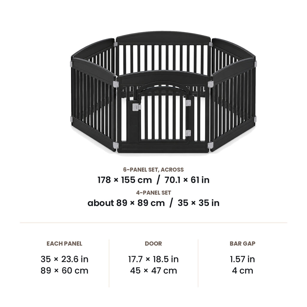 Dog playpen dimensions: panels 89 x 60 cm (35 x 23.6 in), 6-panel set 178 x 155 cm across