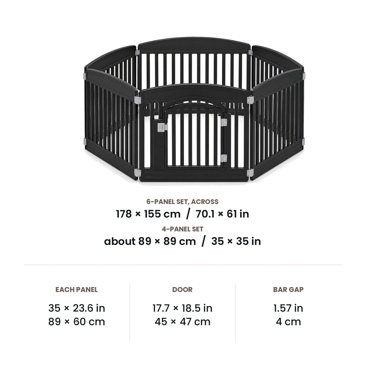 Dog playpen dimensions: panels 89 x 60 cm (35 x 23.6 in), 6-panel set 178 x 155 cm across