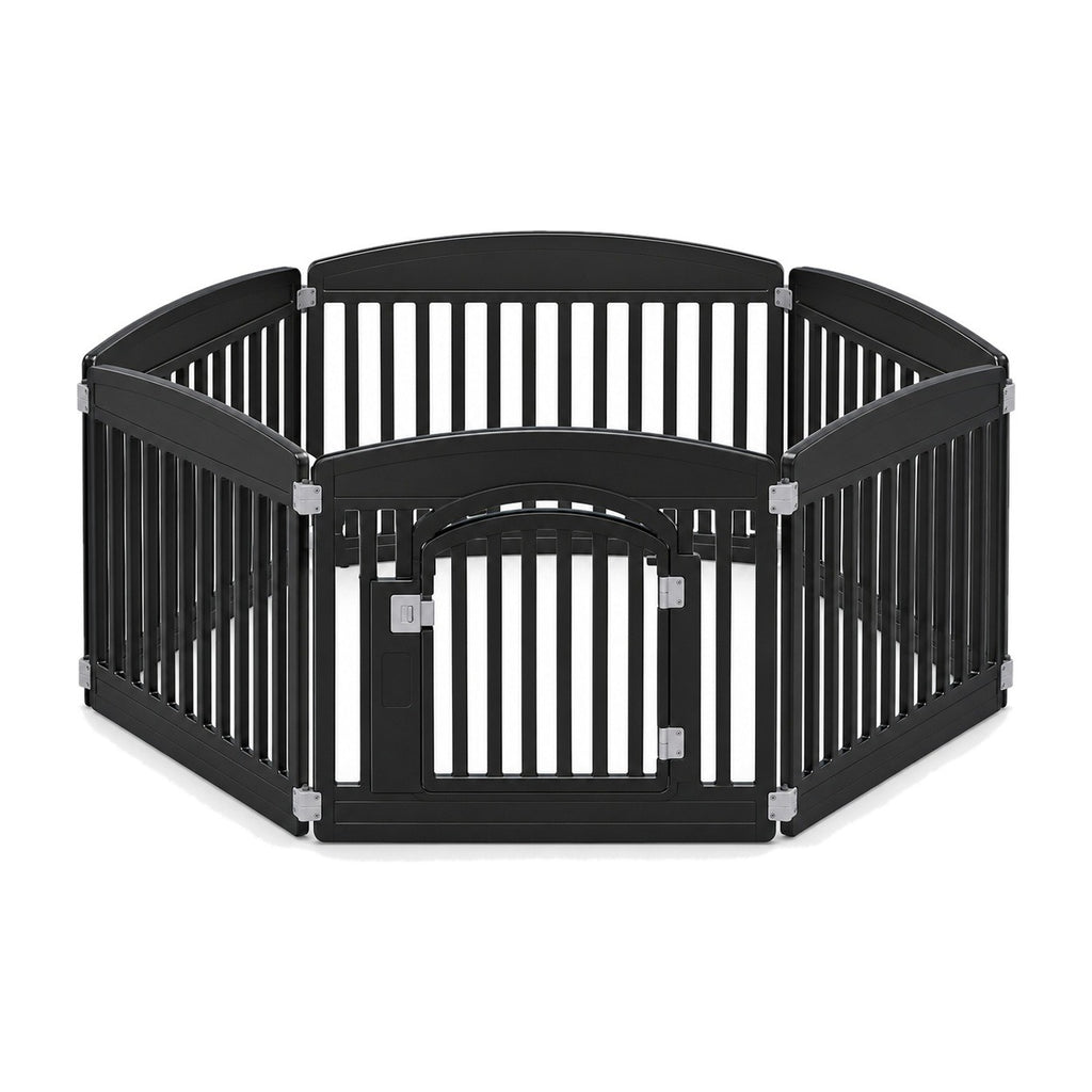 Black 6-panel plastic dog playpen on a white background