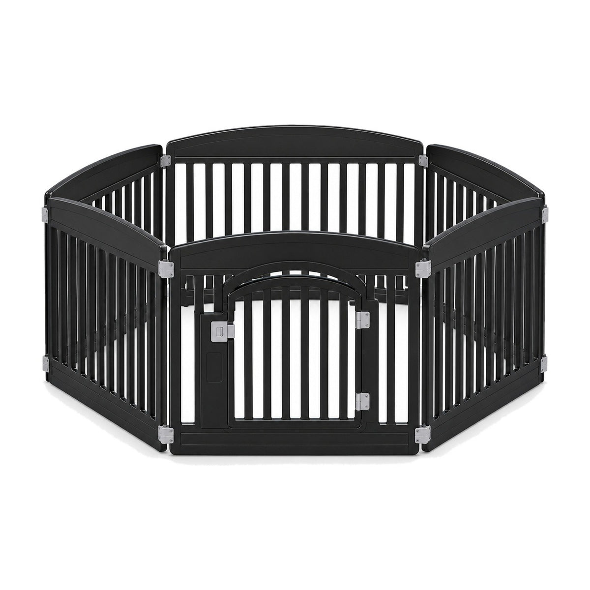 Black 6-panel plastic dog playpen on a white background