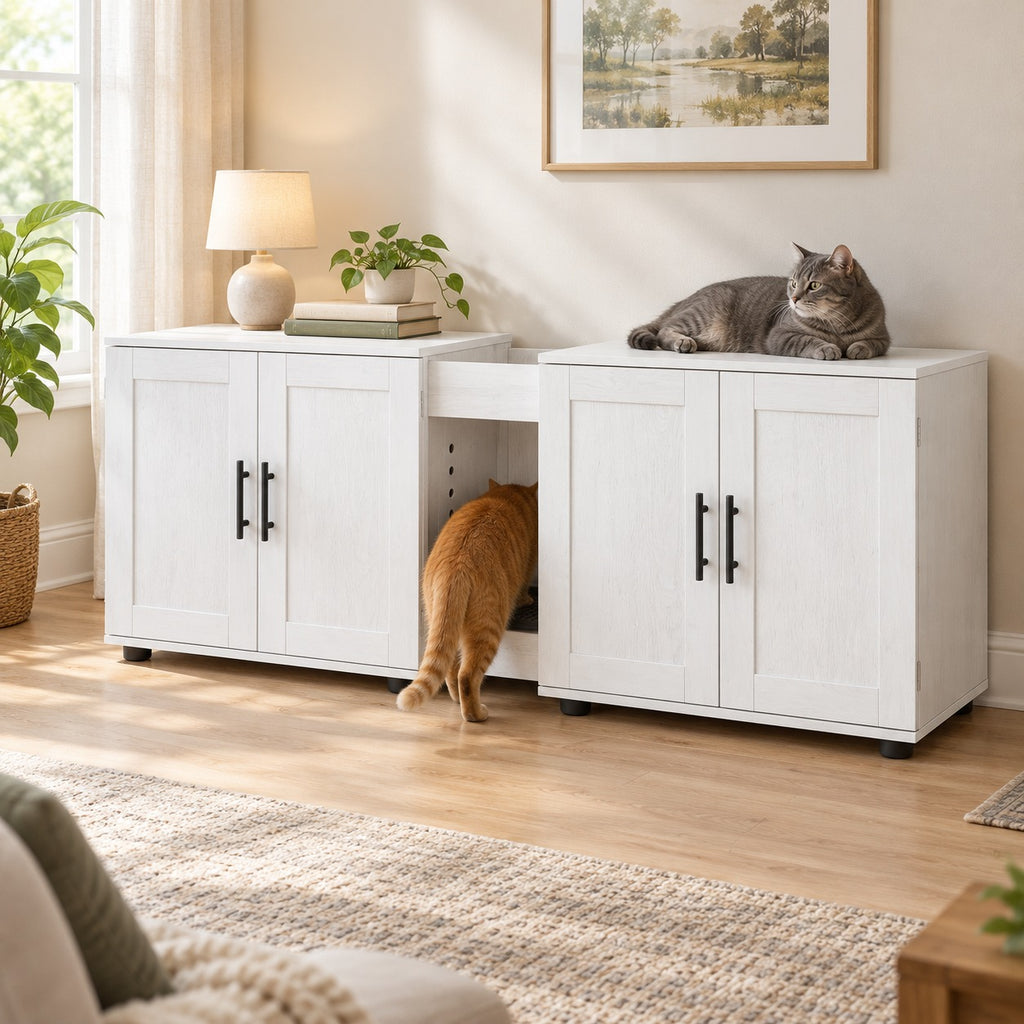 Cat walking into the center entry of a white double litter box enclosure, a second cat lying on top