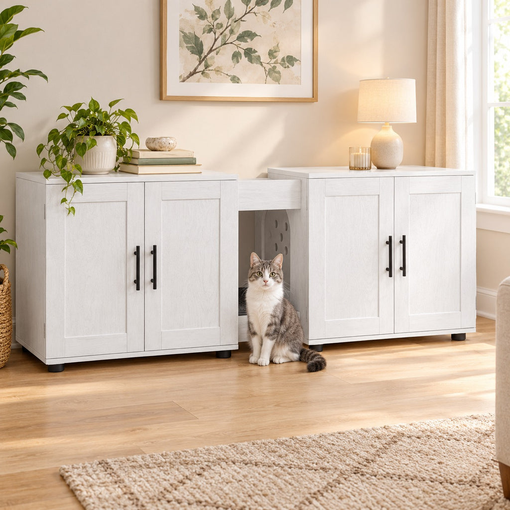 Double litter box enclosure for 2 cats in White with shaker doors