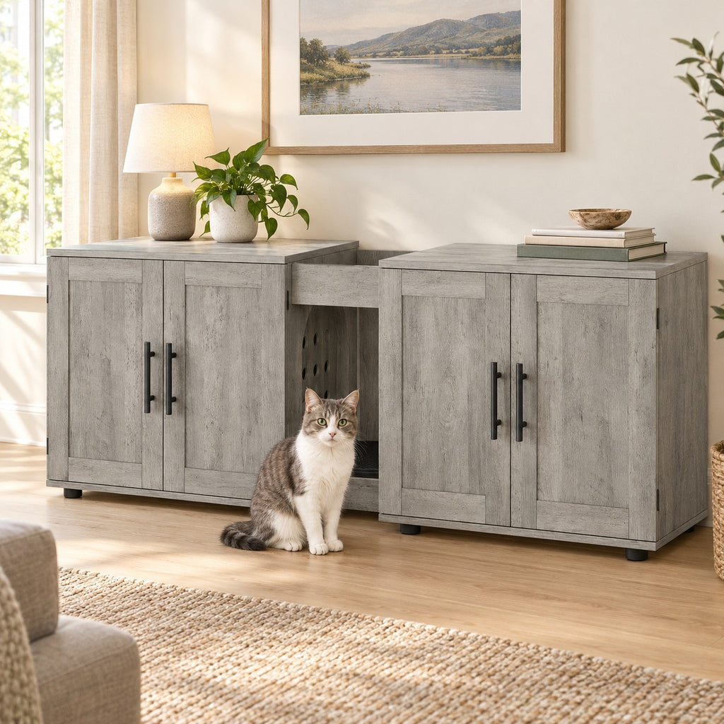 Double litter box enclosure for 2 cats in Grey with shaker doors