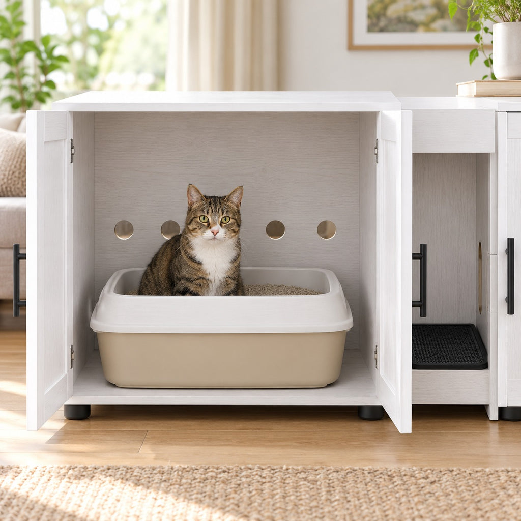 Open compartment of the litter box enclosure with a litter box and round vent holes