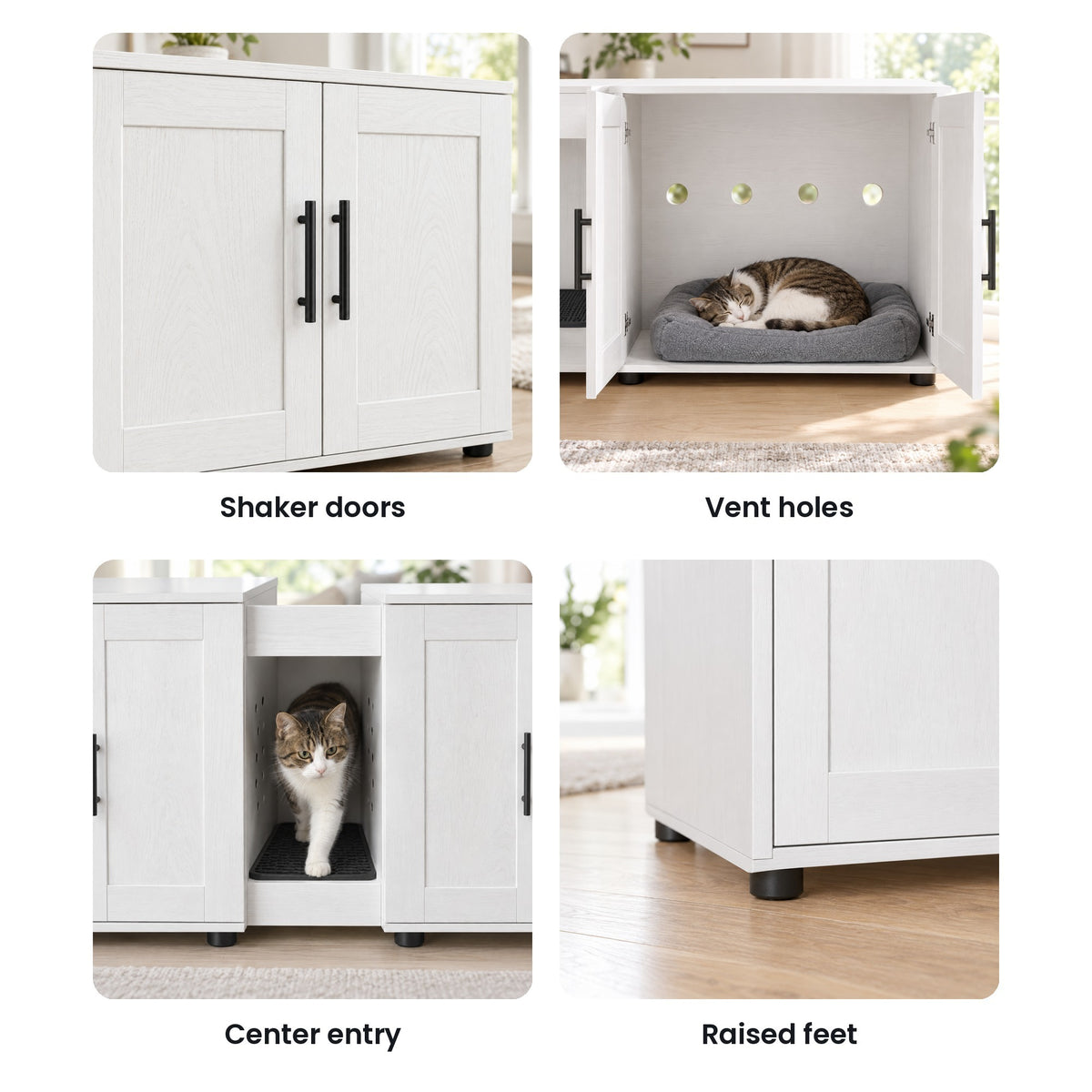 Litter box enclosure details: shaker doors, vent holes, center entry, black feet