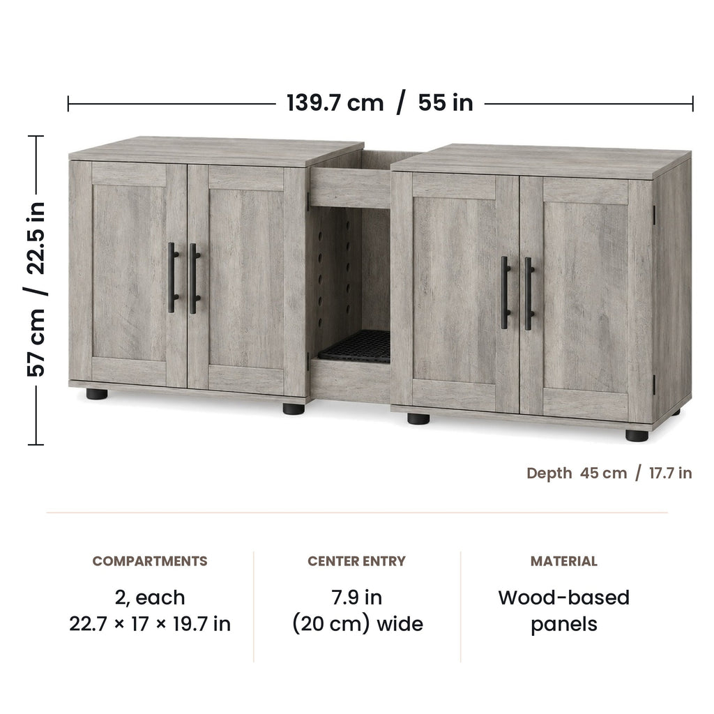 Double litter box enclosure dimensions: 139.7 x 45 x 57 cm (55 x 17.7 x 22.5 in)