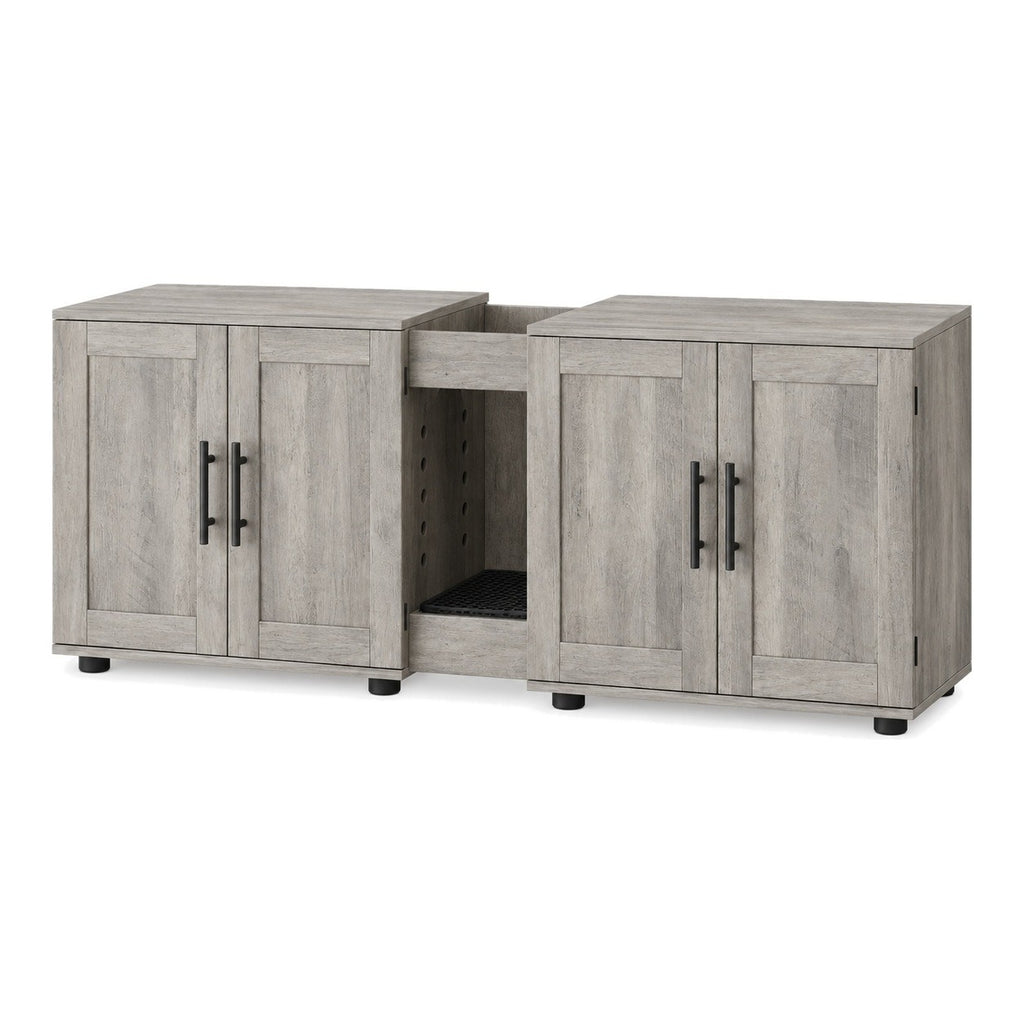 Grey double litter box enclosure on a white background