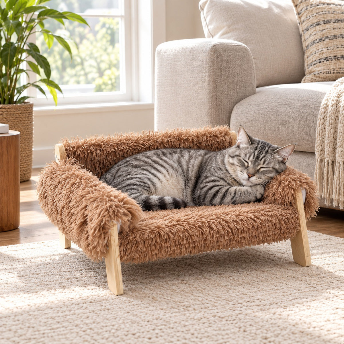 Cat curled up asleep on a Tea Brown elevated cat sofa bed with wooden legs in a living room