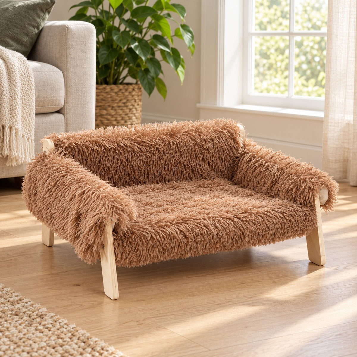 Elevated cat sofa bed with wooden legs in Tea Brown shaggy plush