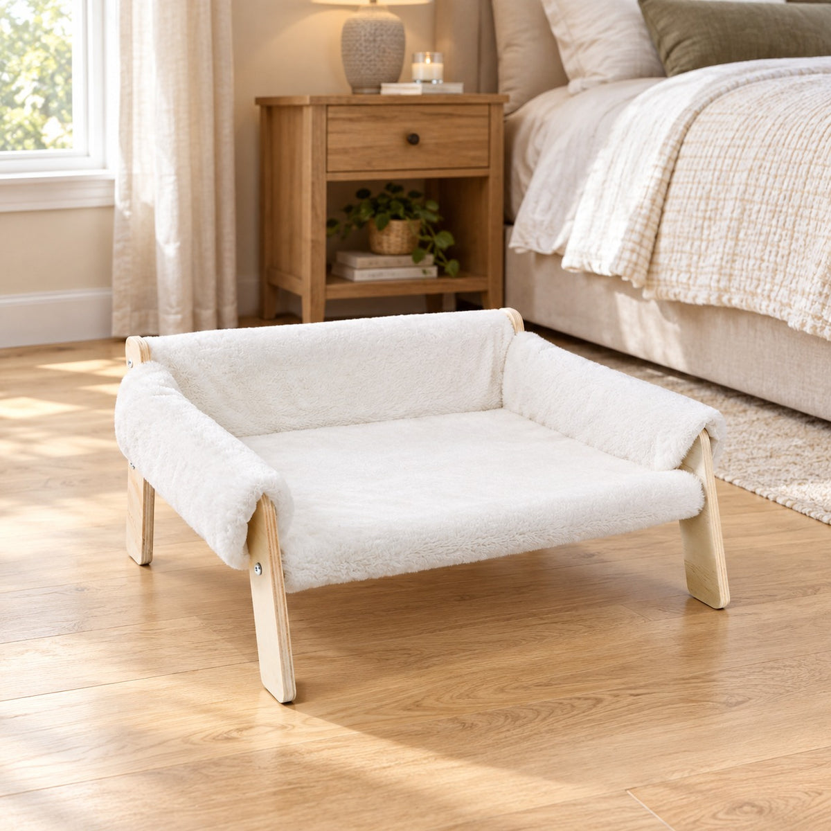 Elevated cat sofa bed with wooden legs in White short-pile plush