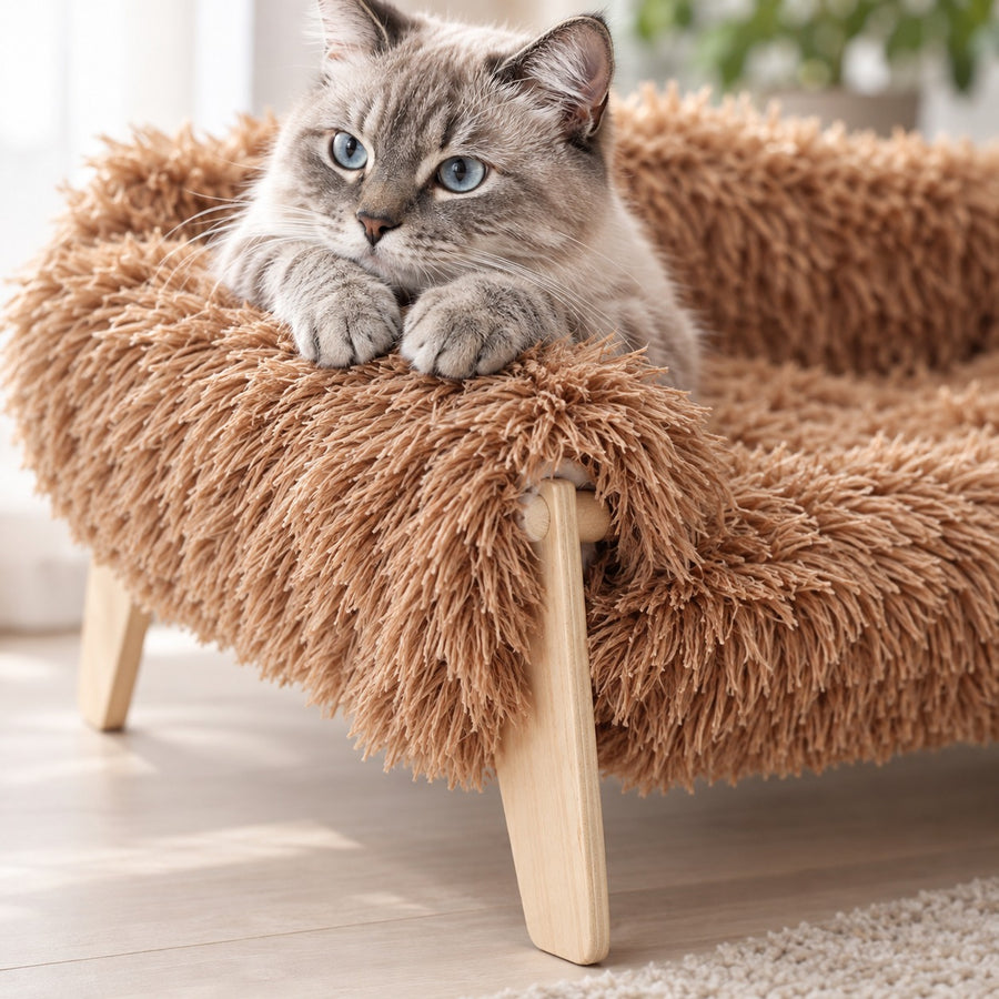 Cat resting its chin on the shaggy plush armrest of the cat sofa bed