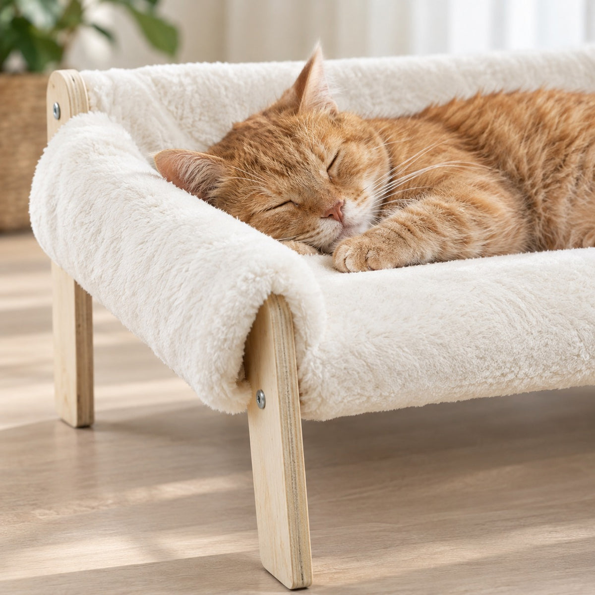 Cat asleep on the soft white plush seat of the cat sofa bed