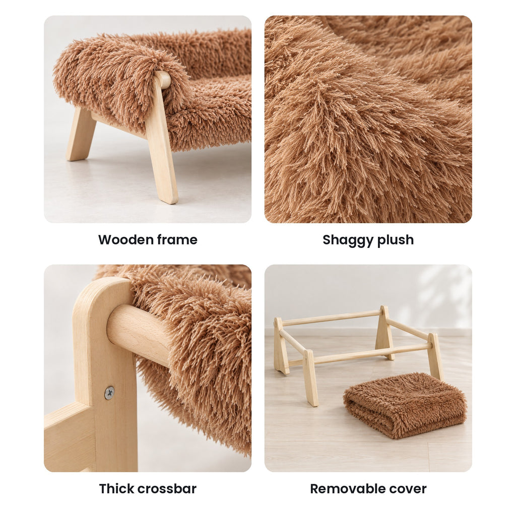 Cat sofa bed details: wooden frame, shaggy plush, round crossbar, removable cover