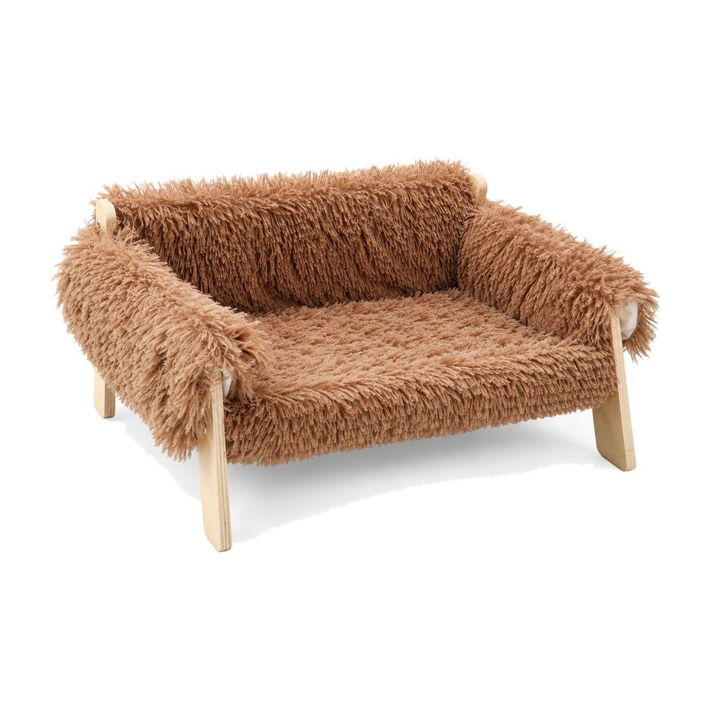 Tea Brown elevated cat sofa bed with wooden legs on a white background
