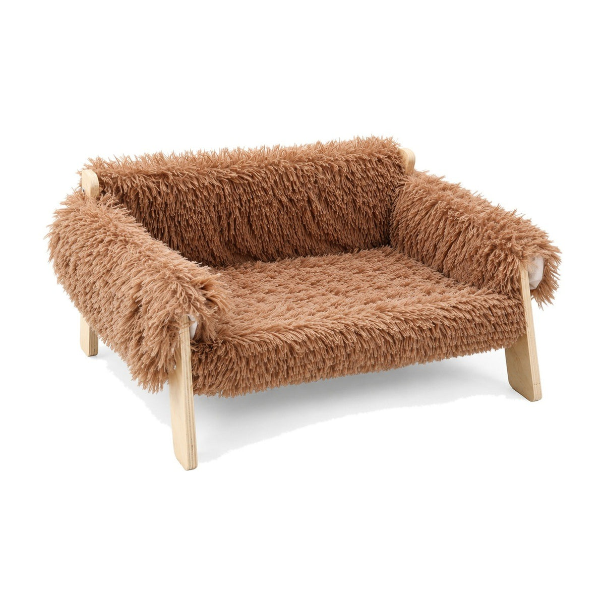 Tea Brown elevated cat sofa bed with wooden legs on a white background