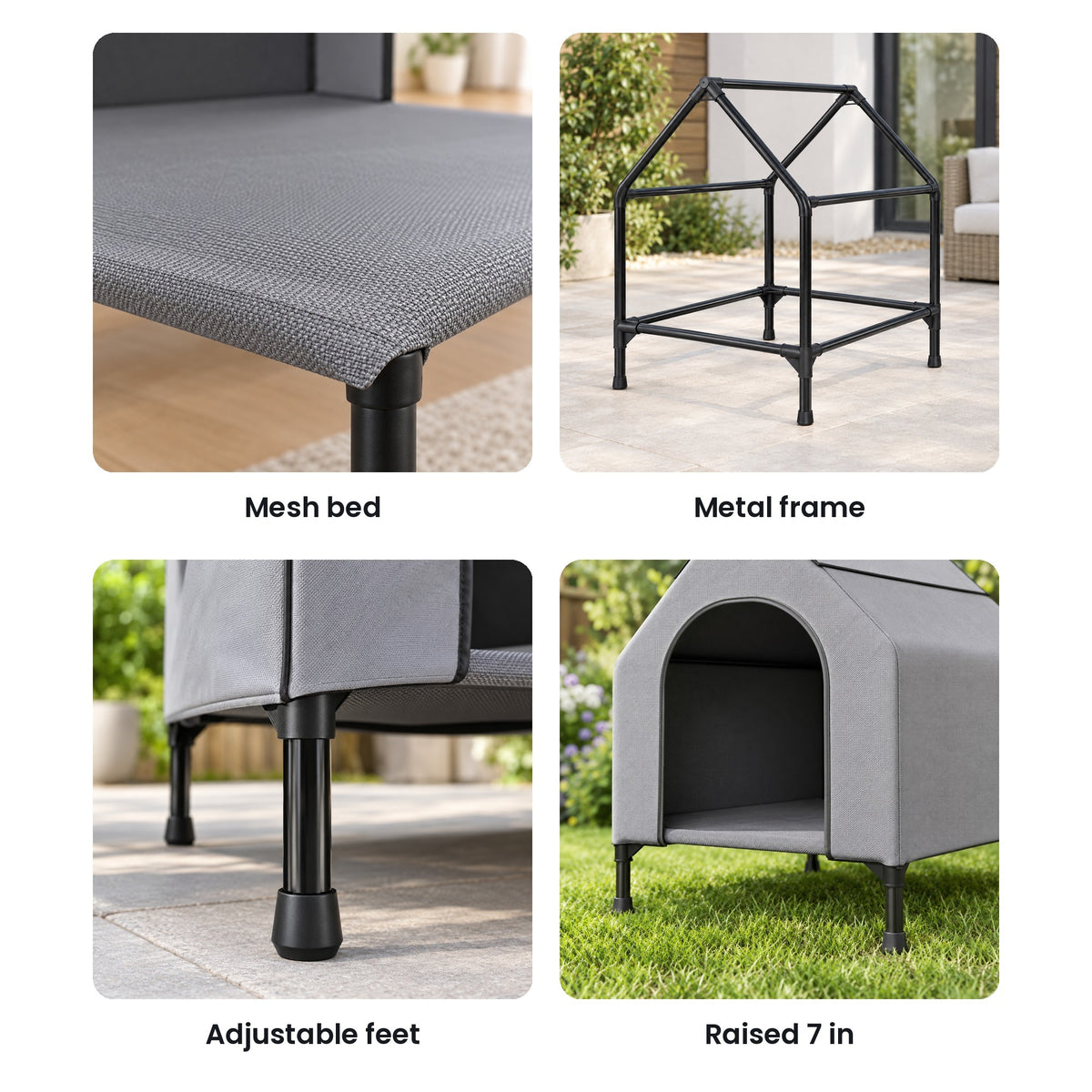 Elevated dog house details: mesh bed, metal frame, adjustable feet, floor raised 7 in
