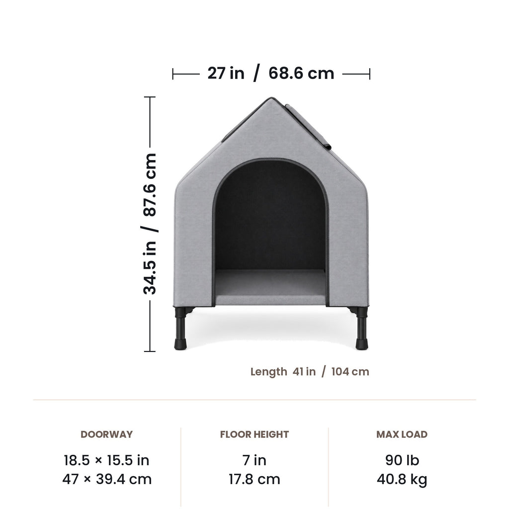 Elevated dog house dimensions: 41 x 27 x 34.5 in (104 x 68.6 x 87.6 cm)
