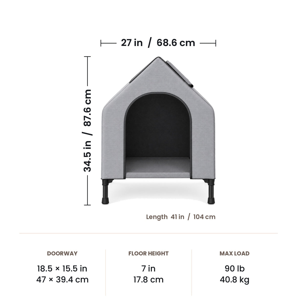 Elevated dog house dimensions: 41 x 27 x 34.5 in (104 x 68.6 x 87.6 cm)
