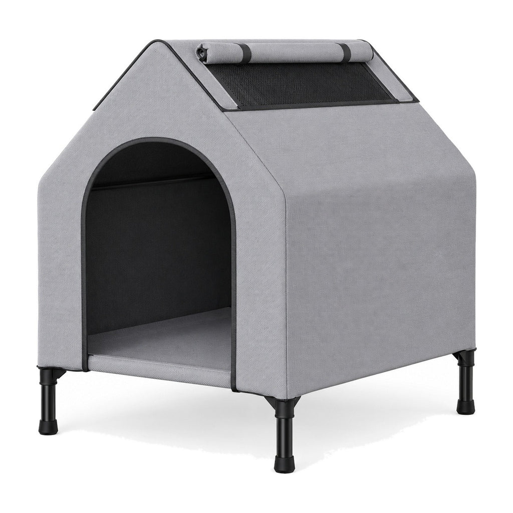 Elevated grey dog house with black legs on a white background