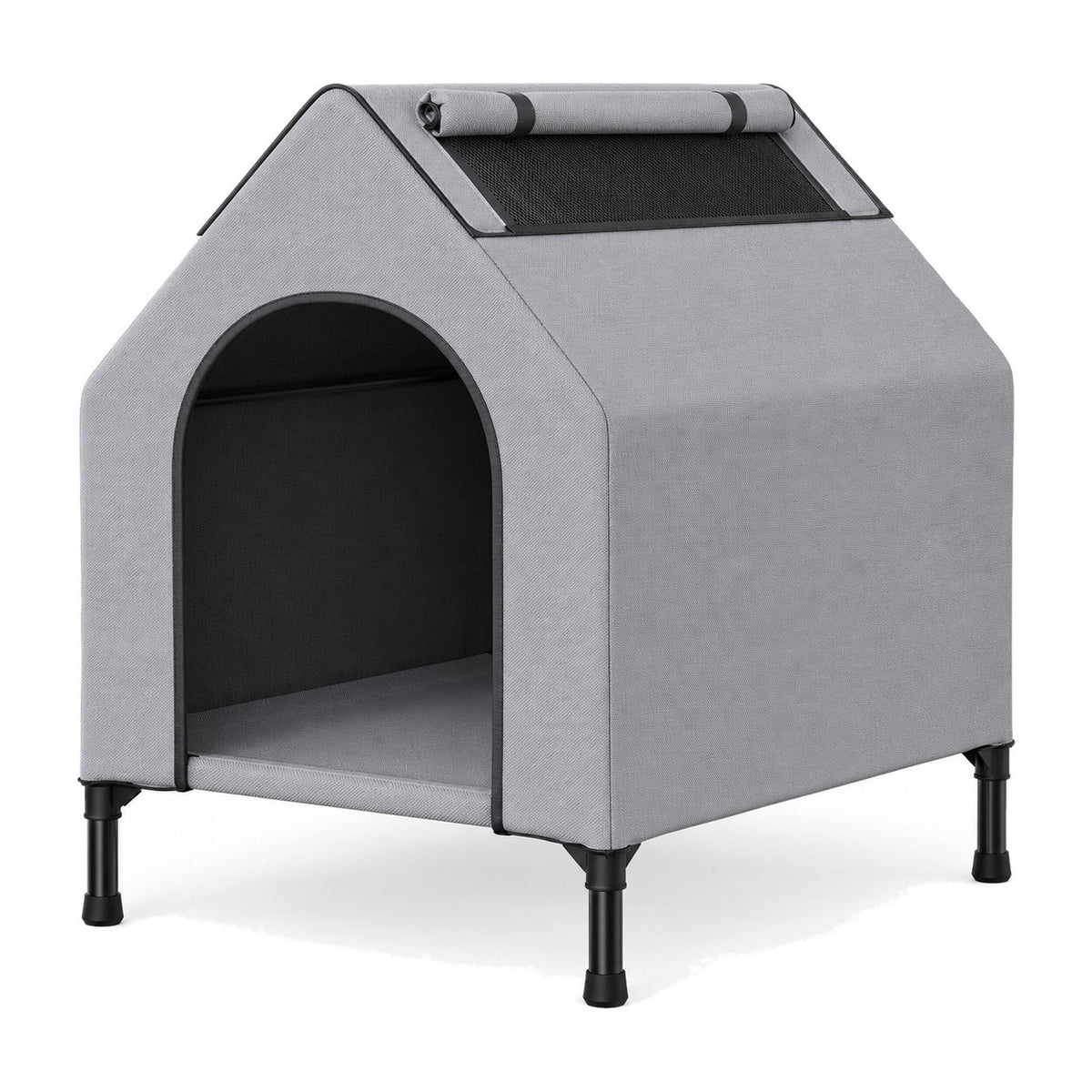 Elevated grey dog house with black legs on a white background