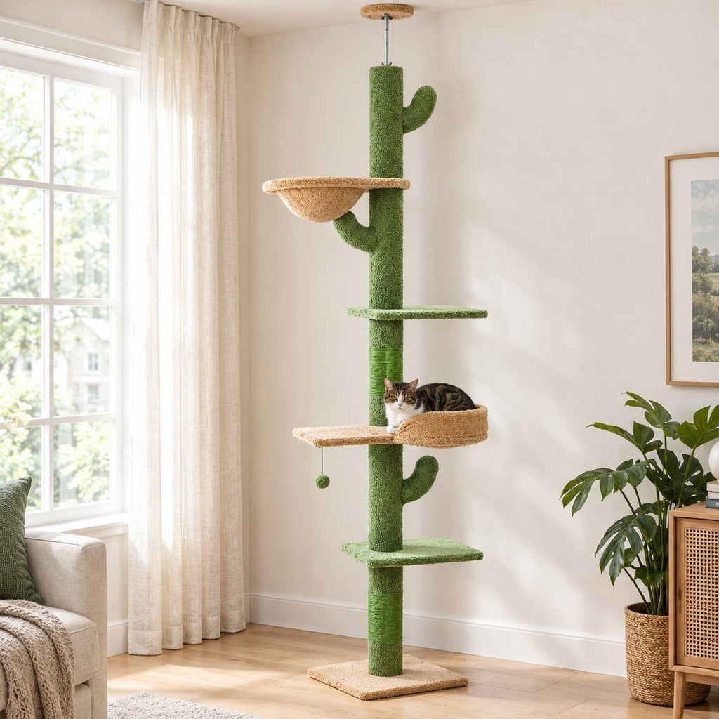 Floor to ceiling cactus cat tree with single post, baskets and platforms
