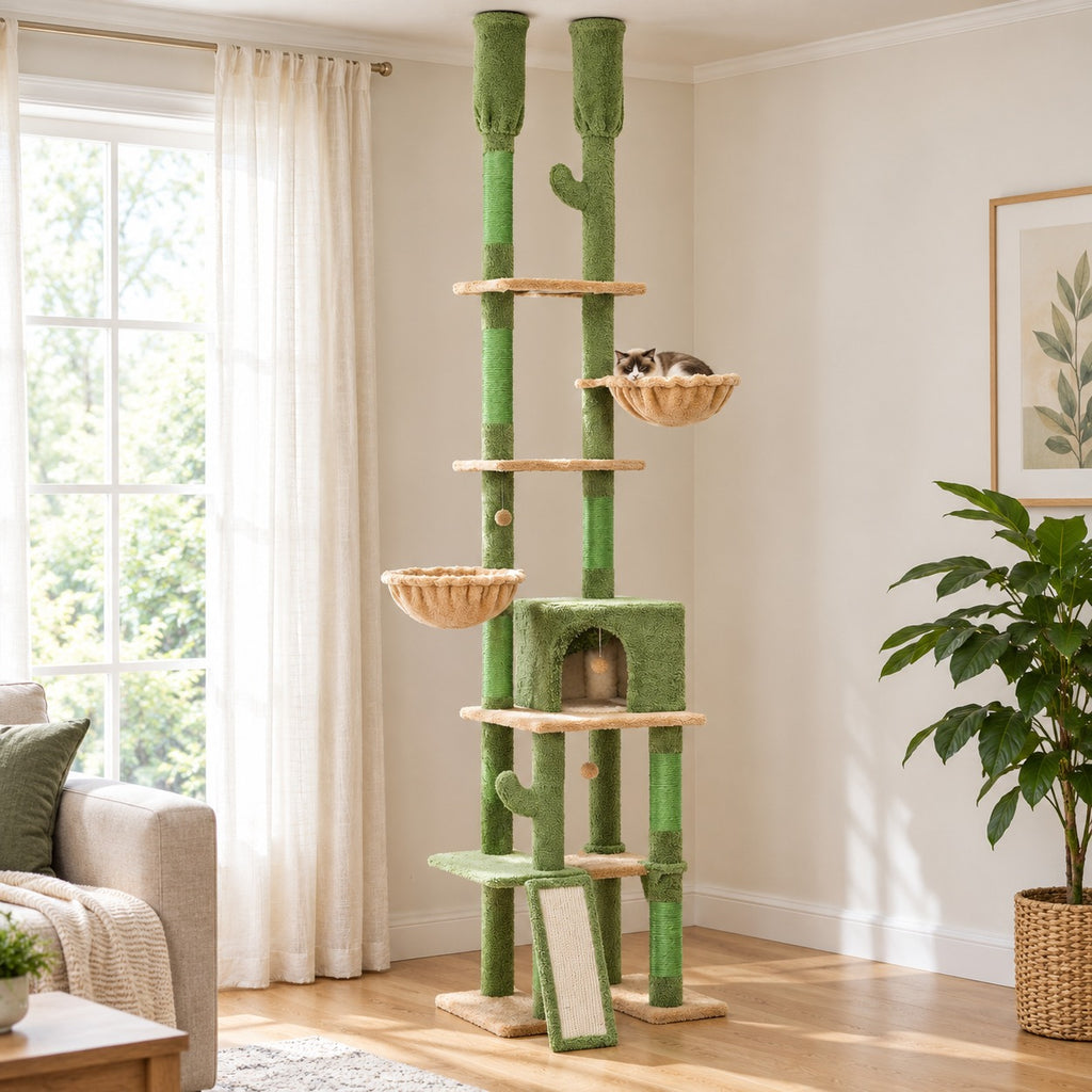 Floor to ceiling cactus cat tree with two posts, baskets, hammock and condo
