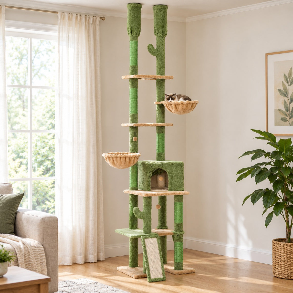 Floor to ceiling cactus cat tree with two posts, baskets, hammock and condo