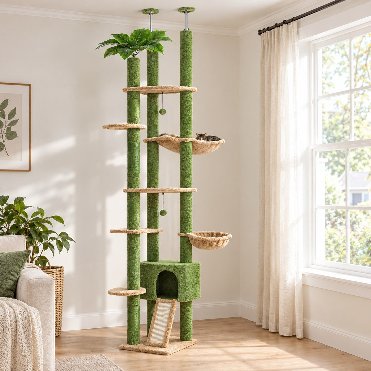 Floor to ceiling cat tree with palm leaves, two posts, condo and sisal ramp