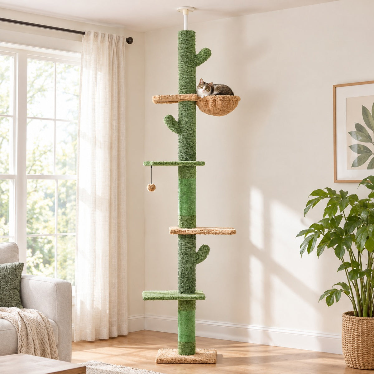 Floor to ceiling cactus cat tree with single post, basket bed and platforms