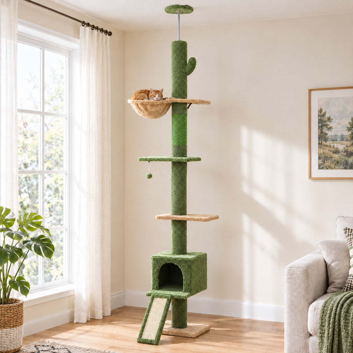 Floor to ceiling cactus cat tree with single post, condo and sisal ramp